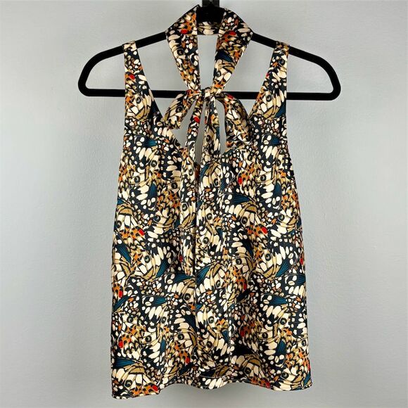 Wildfang Women's Satin Cami Tank Top with Sash Multicolor Butterfly Print- NWT - Picture 2 of 7